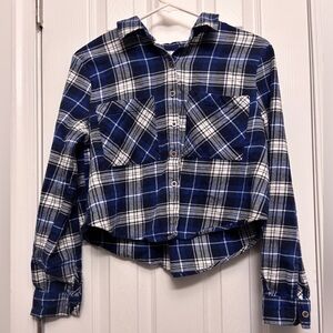 LA Hearts Blue & White Plaid Cropped Flannel Shirt - Size M